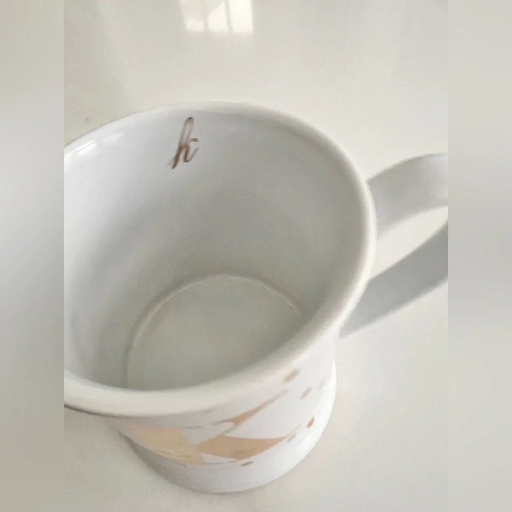 Pier 1 letter K coffee mug monogram white stoneware gold polka dots initial